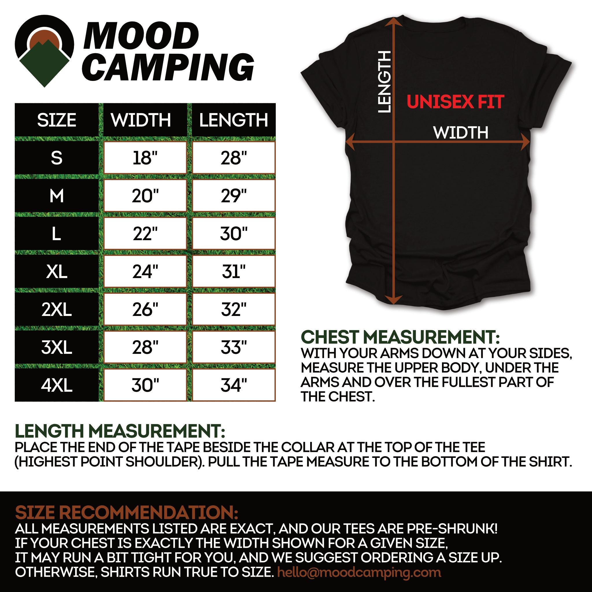 sizechart-tshirt for Nature Outdoors Theme